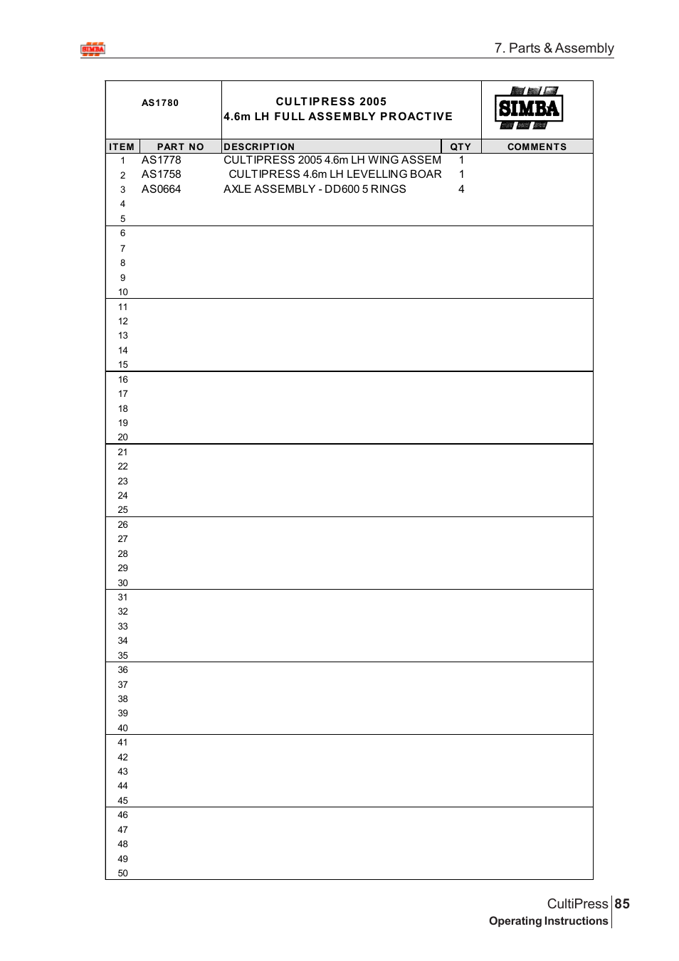 85 cultipress, Parts & assembly | Great Plains Simba Culti Press 2009 Parts Manual User Manual | Page 49 / 102