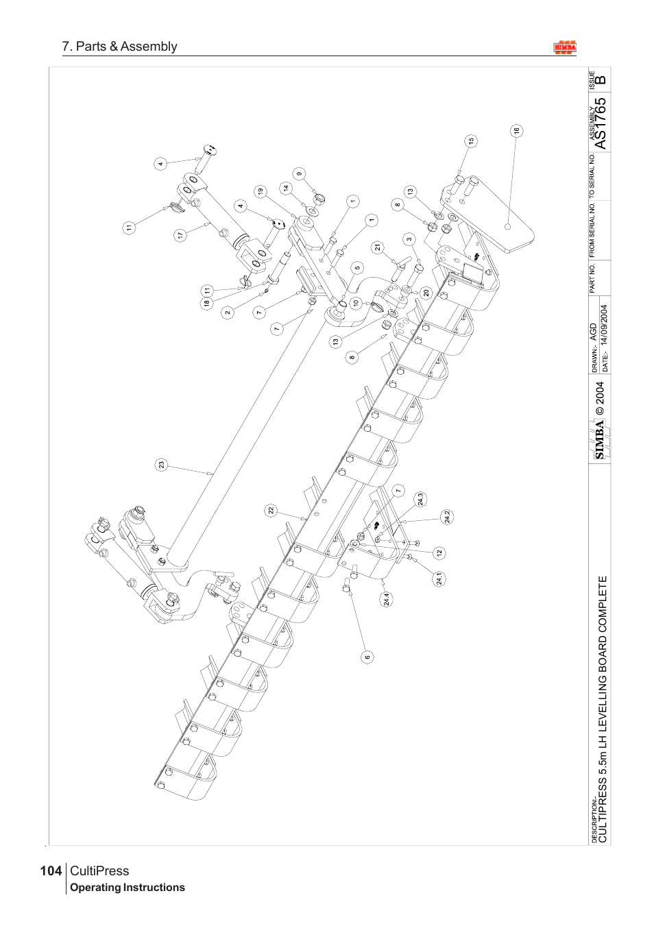 Bas1 765, Cultipress, 104 7. parts & assembly | Great Plains Simba Culti Press 2009 Parts Manual User Manual | Page 68 / 102