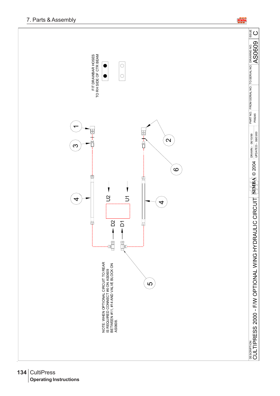 As060 9 c, Cultipress, 134 7. parts & assembly | U1 u2 d1 d2, Operating instructions | Great Plains Simba Culti Press 2009 Parts Manual User Manual | Page 98 / 102