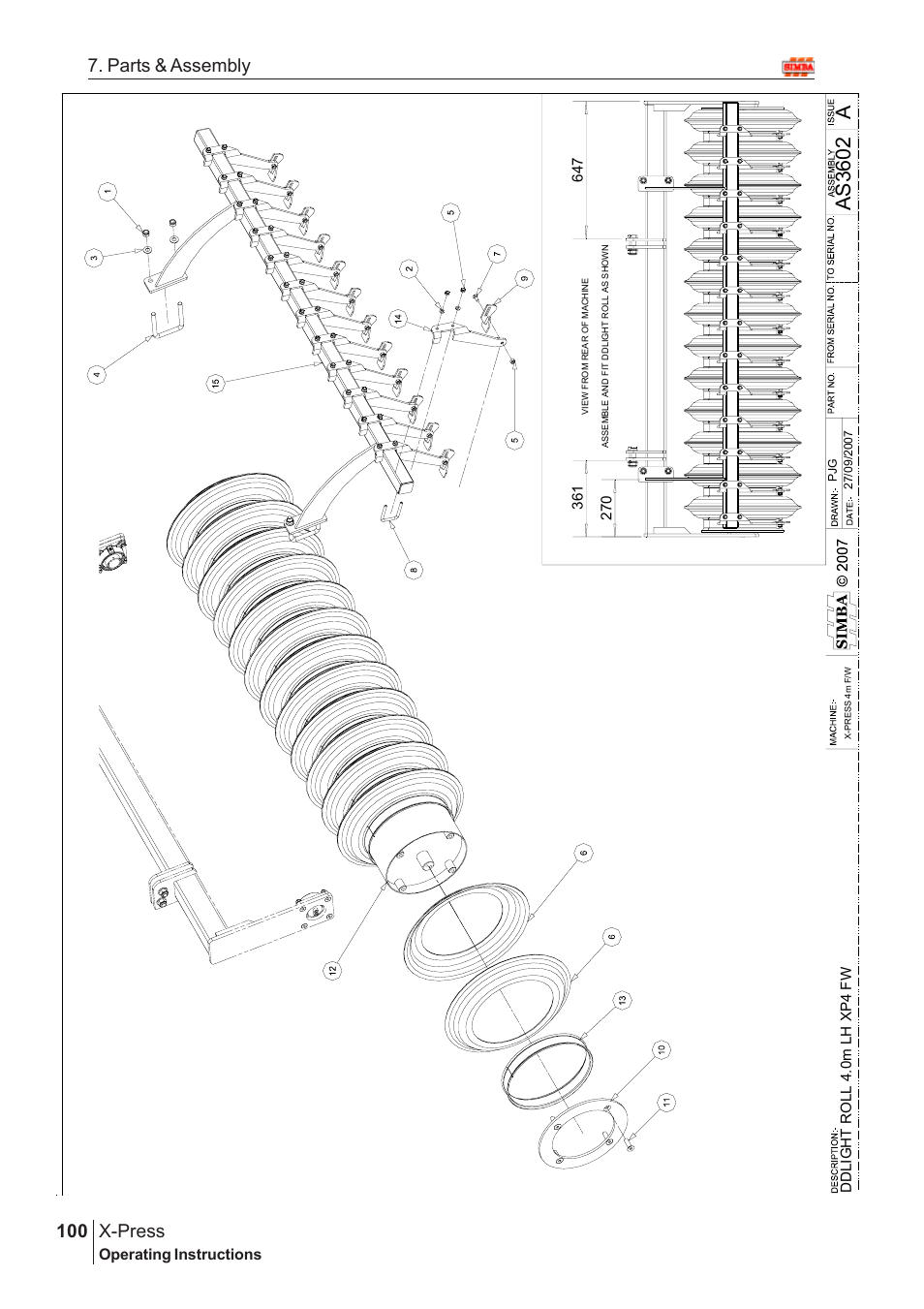 Aas3602, X-press, 100 7. parts & assembly | Operating instructions, Ddlig ht ro ll 4.0m l h xp 4 fw | Great Plains X-PresS 2009 Assembly Instructions User Manual | Page 66 / 102