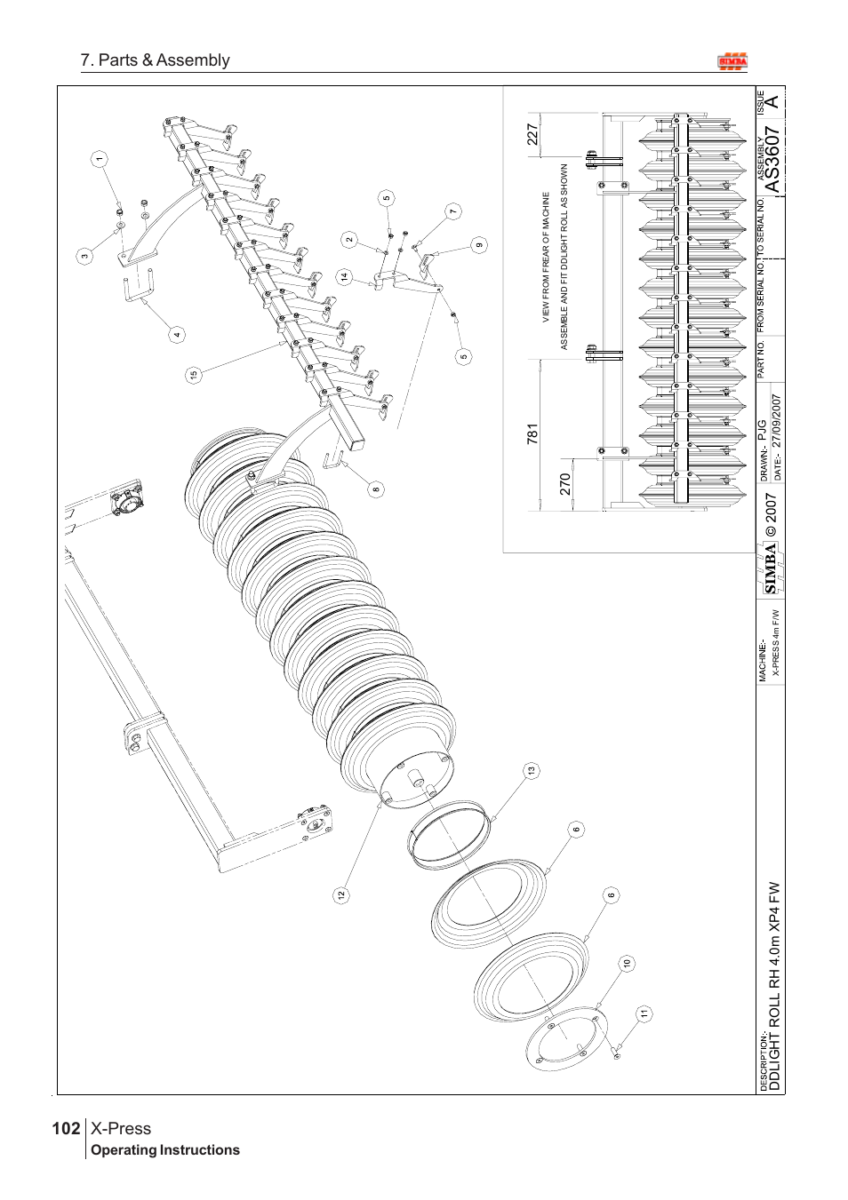 Aas 3607, X-press, 102 7. parts & assembly | Operating instructions, Dd lig h t ro ll rh 4. 0m x p 4 fw | Great Plains X-PresS 2009 Assembly Instructions User Manual | Page 68 / 102