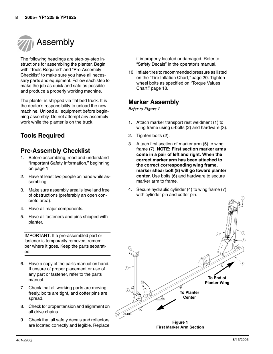 Assembly, Tools required pre-assembly checklist, Marker assembly | Great Plains YP1625 Predelivery Manual User Manual | Page 10 / 22