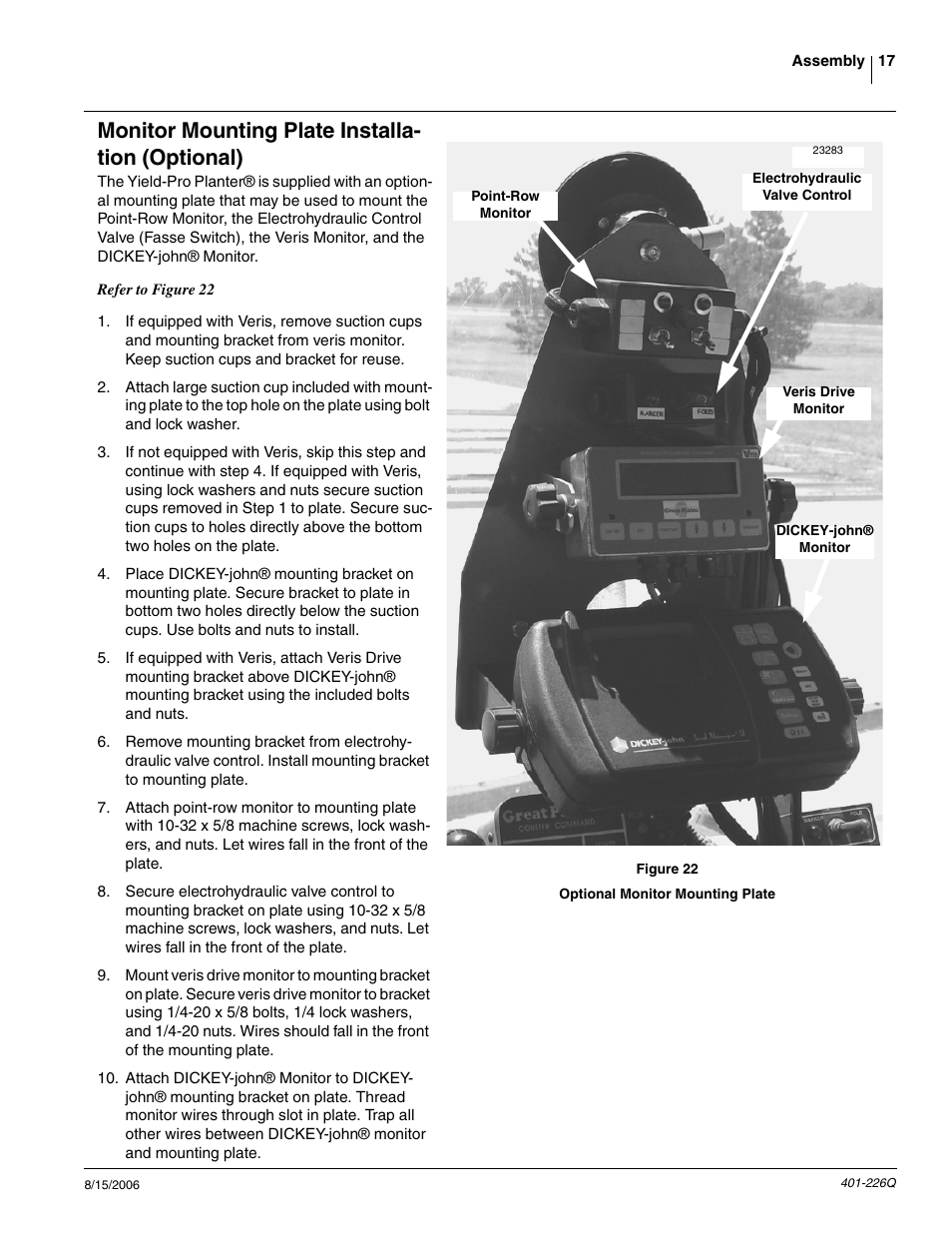 Monitor mounting plate installa- tion (optional) | Great Plains YP1625 Predelivery Manual User Manual | Page 19 / 22