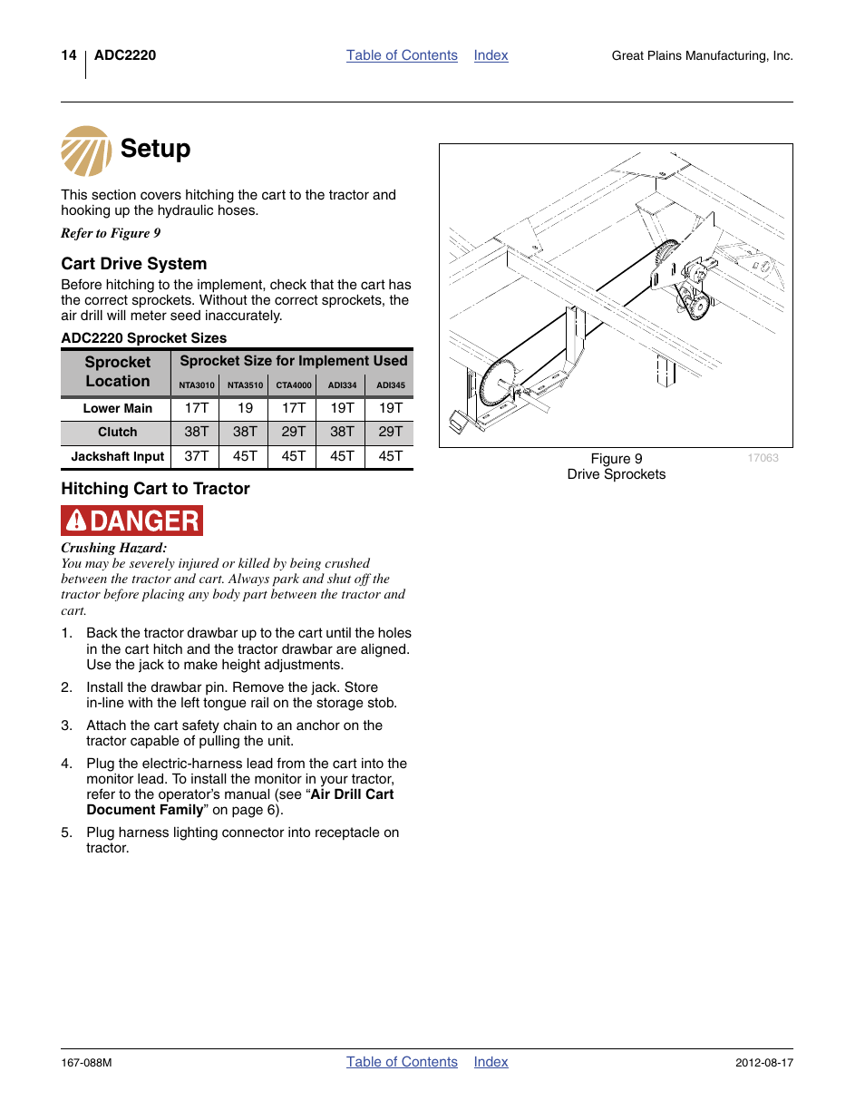 Setup, Cart drive system, Adc2220 sprocket sizes | Hitching cart to tractor | Great Plains ADC2220 Assembly Instructions User Manual | Page 16 / 22