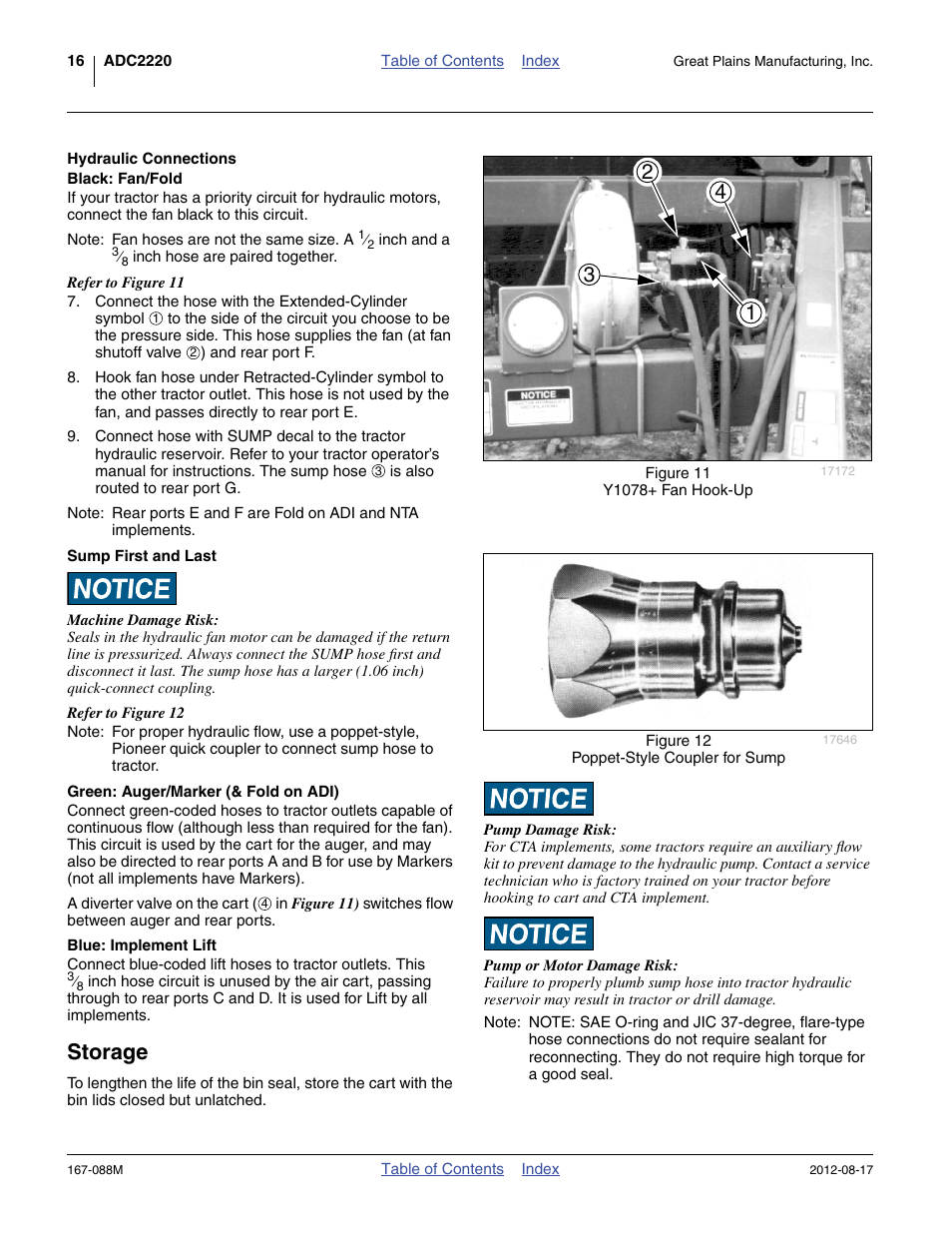 Hydraulic connections, Black: fan/fold, Sump first and last | Green: auger/marker (& fold on adi), Blue: implement lift, Storage | Great Plains ADC2220 Assembly Instructions User Manual | Page 18 / 22