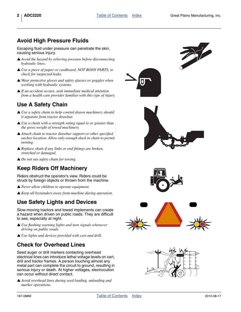 Avoid high pressure fluids, Use a safety chain, Keep riders off machinery | Use safety lights and devices, Check for overhead lines | Great Plains ADC2220 Assembly Instructions User Manual | Page 4 / 22