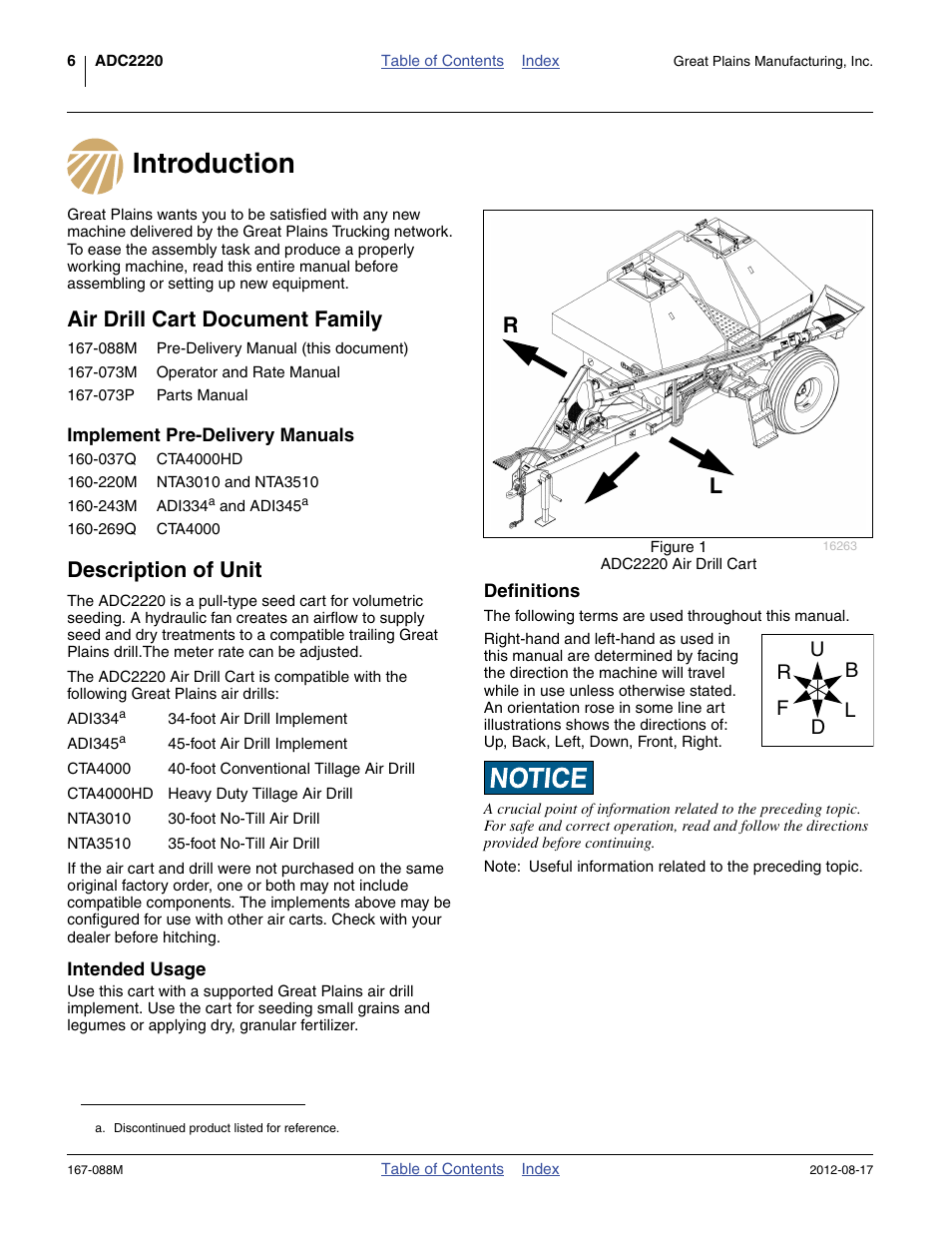 Introduction, Air drill cart document family, Implement pre-delivery manuals | Description of unit, Intended usage, Introduction air drill cart document family | Great Plains ADC2220 Assembly Instructions User Manual | Page 8 / 22