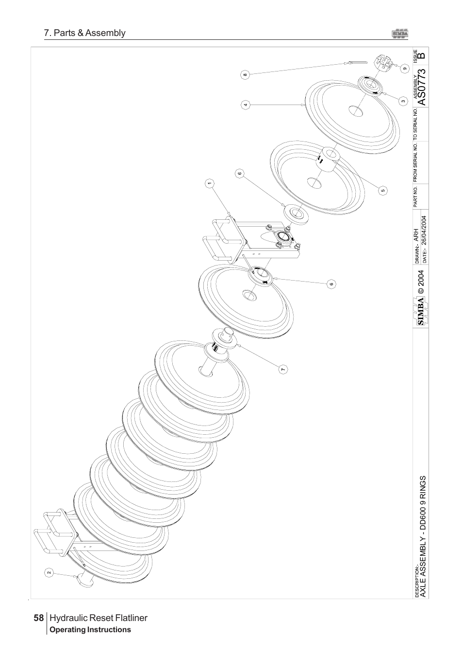 Bas 0773, Hydraulic reset flatliner, 58 7. parts & assembly | Great Plains Hydraulic Reset Flatliner 2009 Assembly Instructions User Manual | Page 28 / 60