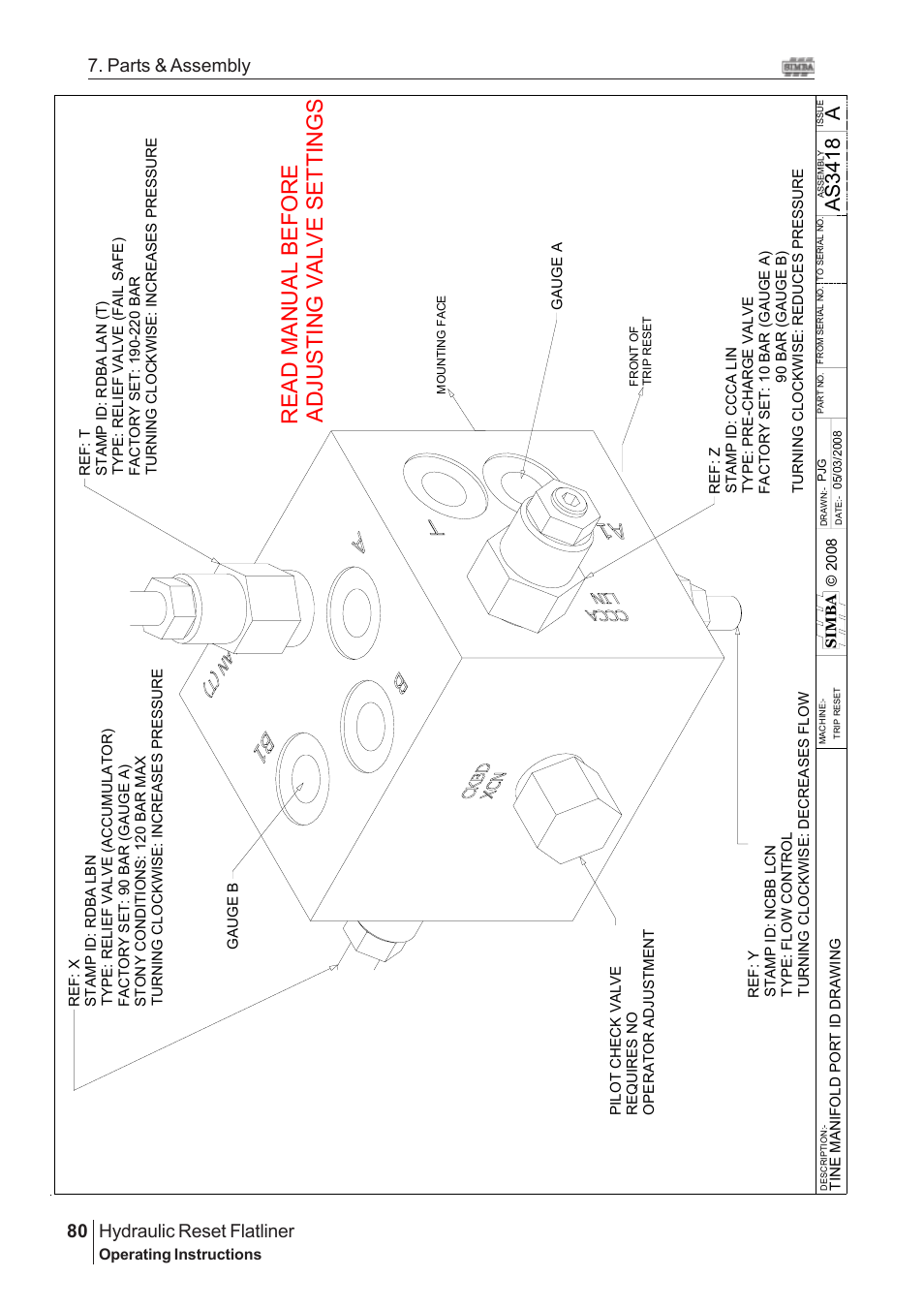 Rea d manual bef ore adjust ing valve set tings, Aas34 1 8, Hydraulic reset flatliner | 80 7. parts & assembly | Great Plains Hydraulic Reset Flatliner 2009 Assembly Instructions User Manual | Page 50 / 60