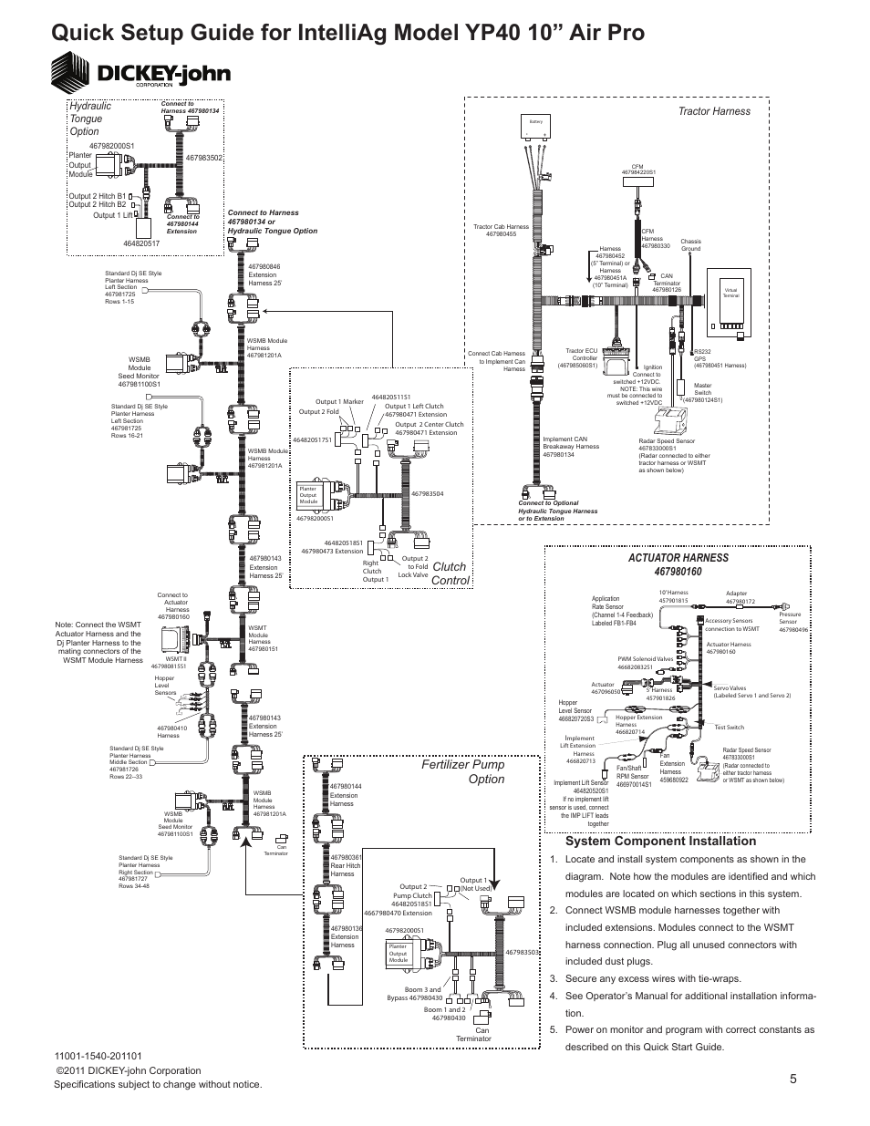 System component installation, Fertilizer pump option, Clutch control | Tractor harness, Hydraulic tongue option | Great Plains YP4025A-4810 48-Row 10-Inch Quick Start User Manual | Page 5 / 5