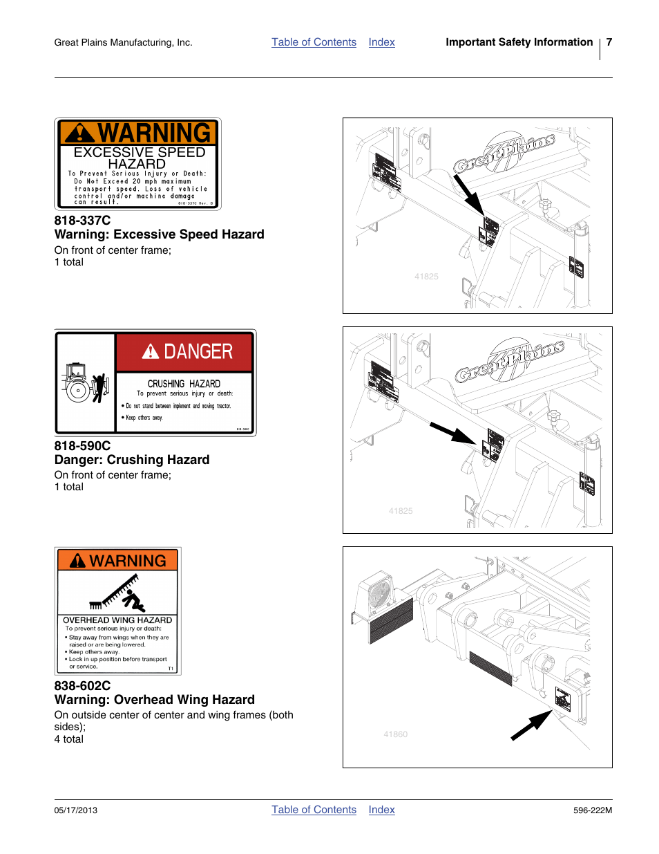 337c warning: excessive speed hazard, 590c danger: crushing hazard, 602c warning: overhead wing hazard | Great Plains SS2000 Operator Manual User Manual | Page 11 / 50