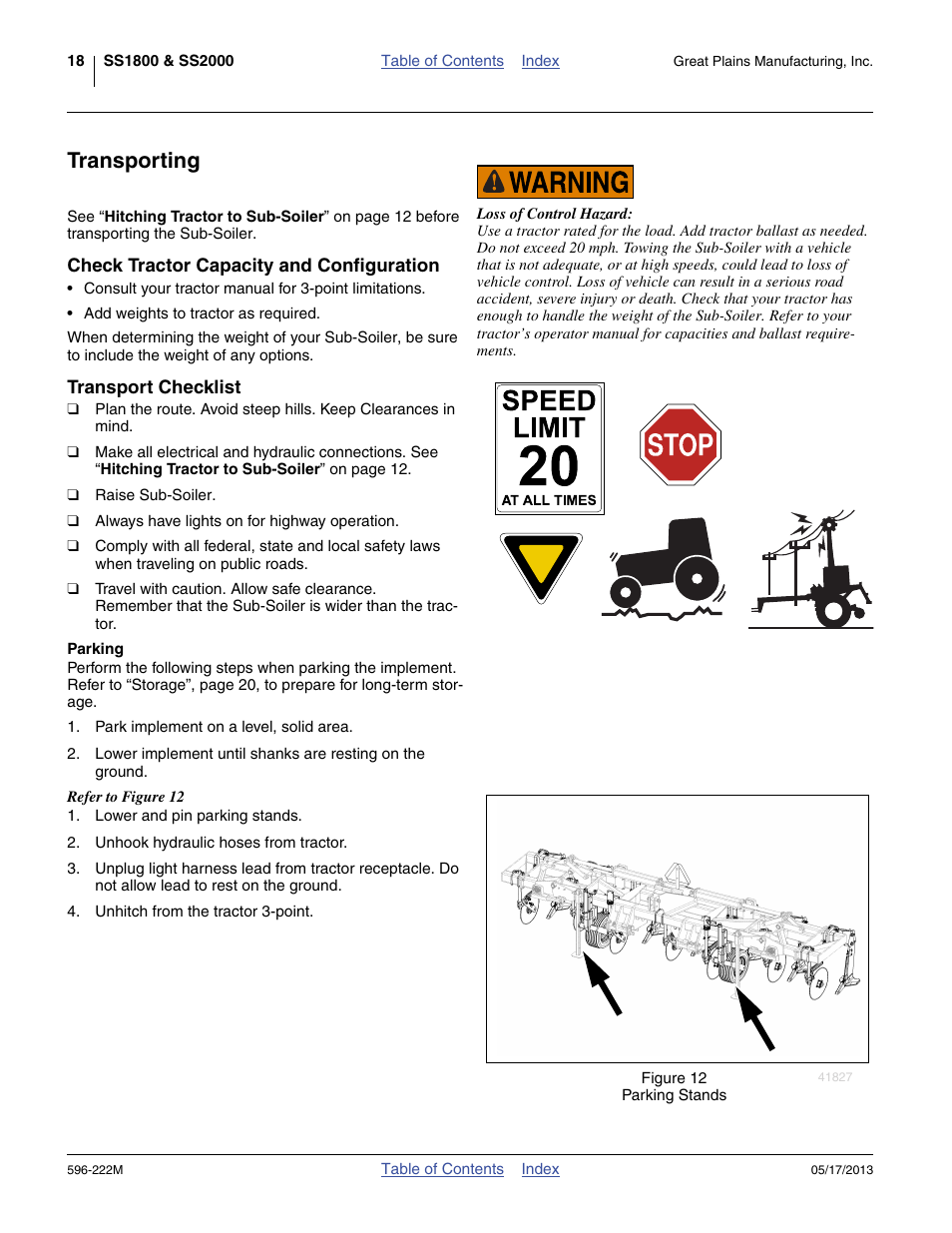 Transporting, Check tractor capacity and configuration, Transport checklist | Parking | Great Plains SS2000 Operator Manual User Manual | Page 22 / 50