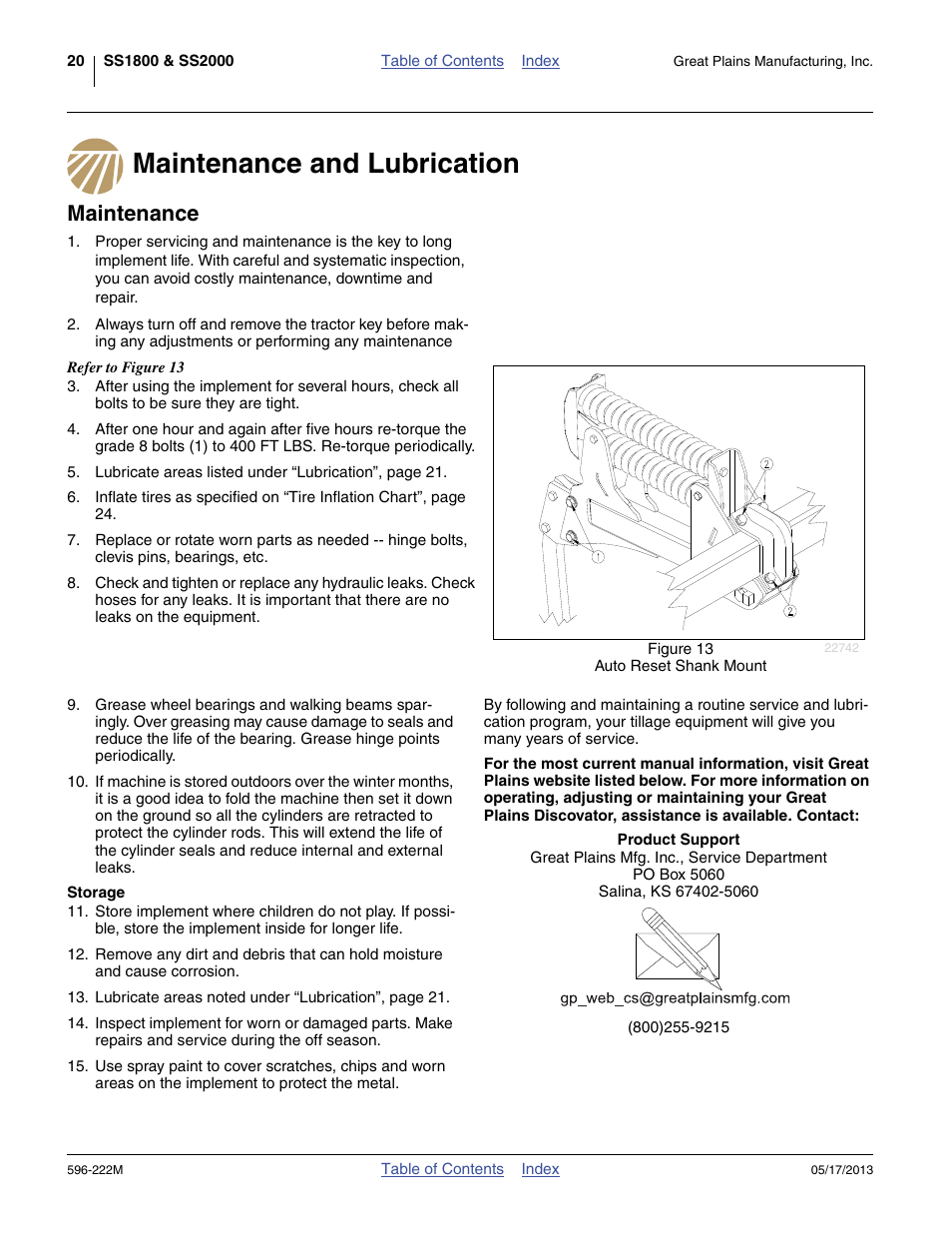 Maintenance and lubrication, Maintenance, Storage | Great Plains SS2000 Operator Manual User Manual | Page 24 / 50
