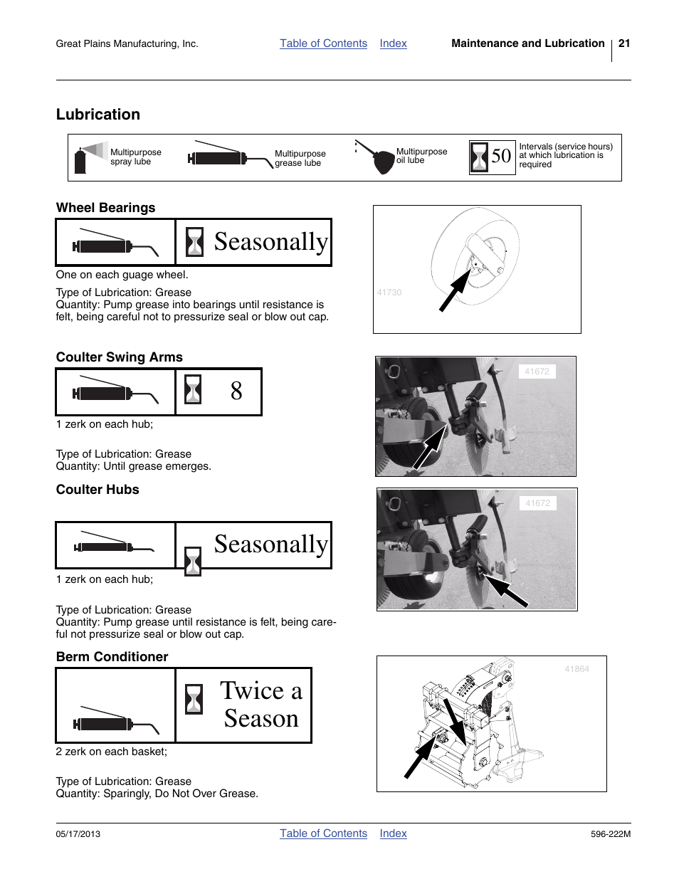 Lubrication, Wheel bearings, Coulter swing arms | Coulter hubs, Berm conditioner, Icate sub-soiler as indicated under “ lubrica, Seasonally 8 seasonally twice a season | Great Plains SS2000 Operator Manual User Manual | Page 25 / 50