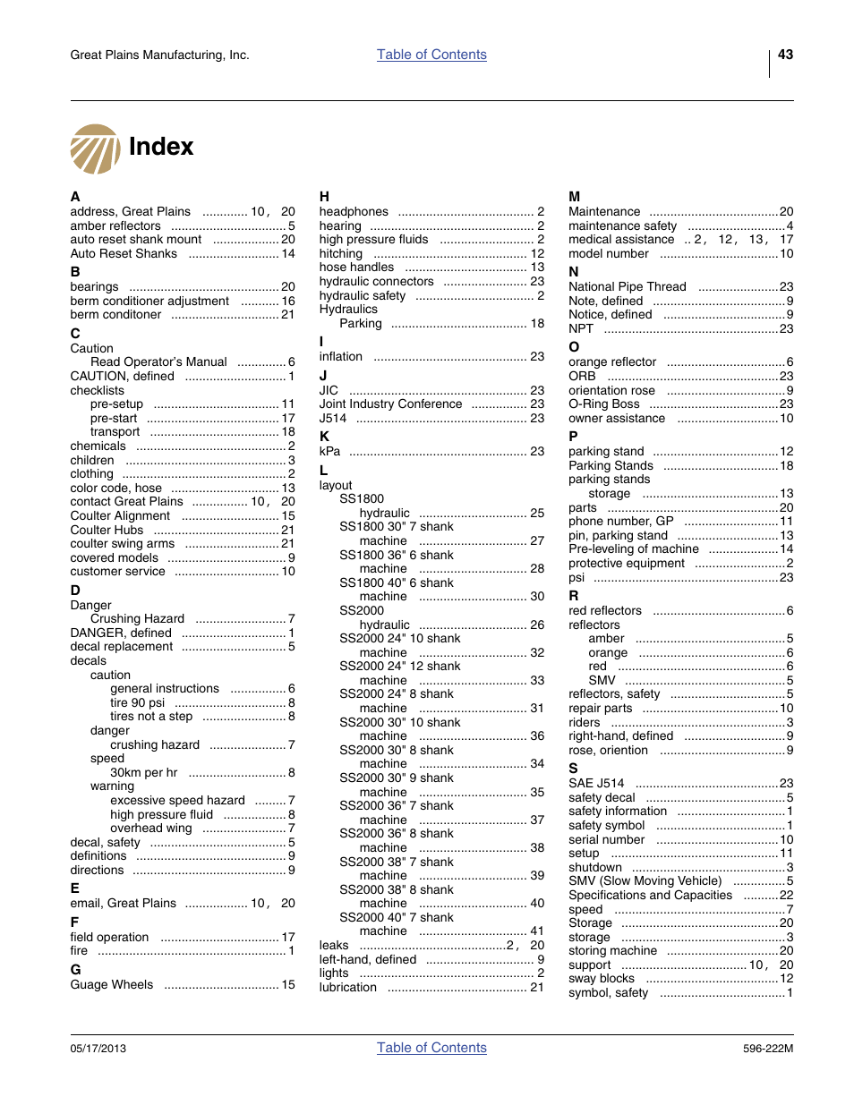 Index | Great Plains SS2000 Operator Manual User Manual | Page 47 / 50