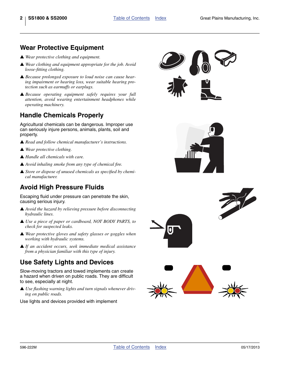 Wear protective equipment, Handle chemicals properly, Avoid high pressure fluids | Use safety lights and devices | Great Plains SS2000 Operator Manual User Manual | Page 6 / 50