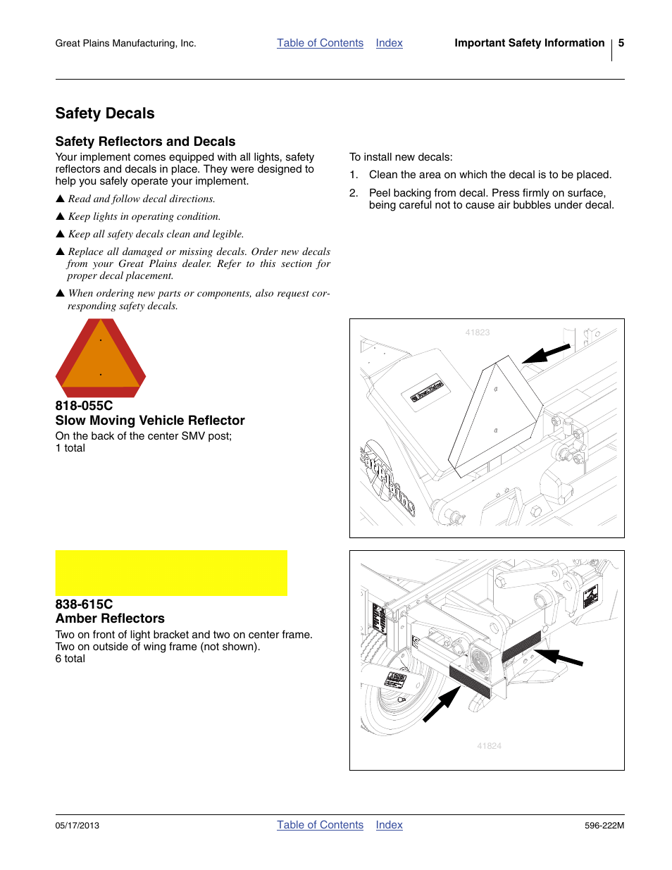 Safety decals, Safety reflectors and decals, 055c slow moving vehicle reflector | 615c amber reflectors | Great Plains SS2000 Operator Manual User Manual | Page 9 / 50
