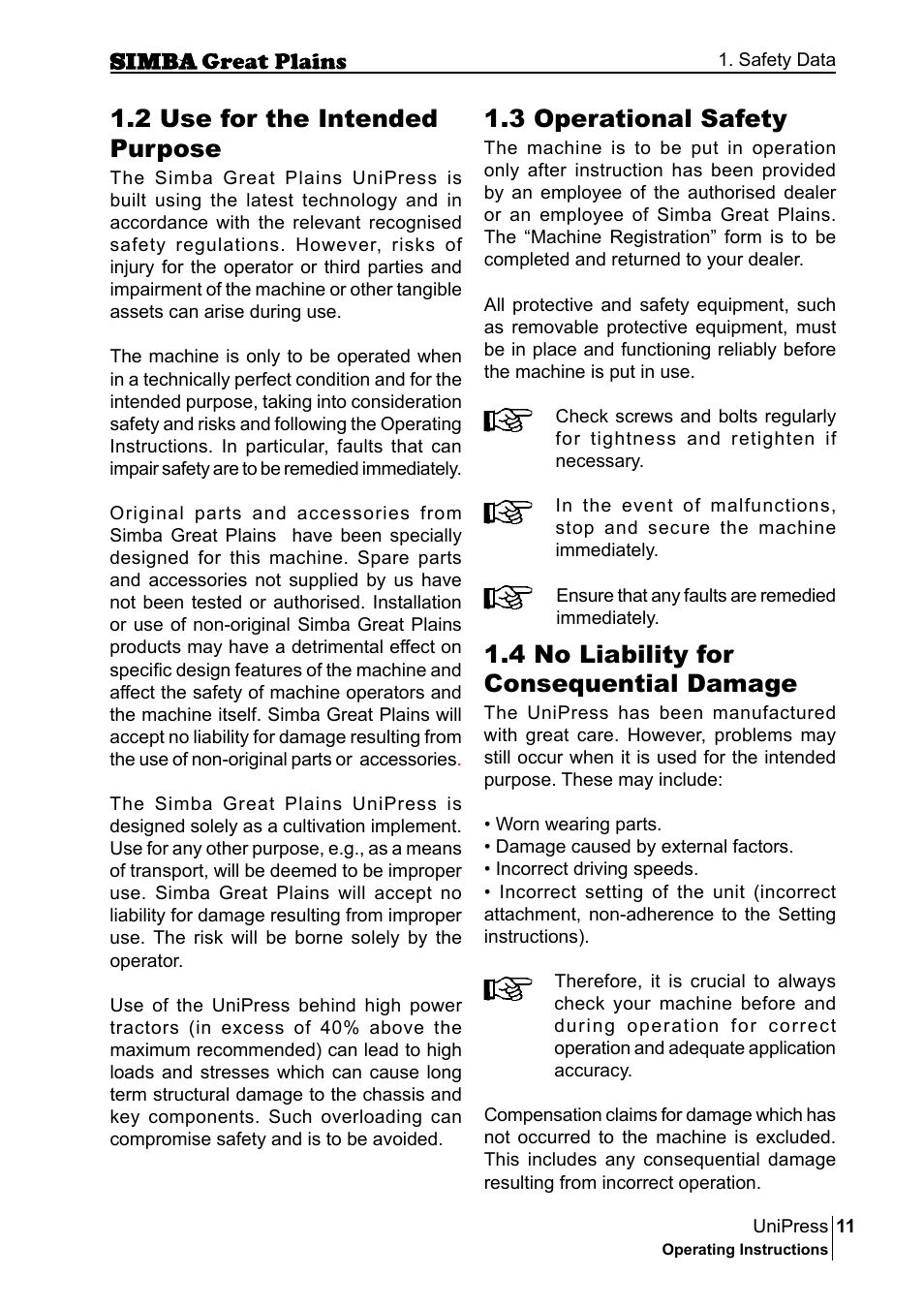 3 operational safety, 4 no liability for consequential damage, 2 use for the intended purpose | Great Plains P17921E Operator Manual User Manual | Page 11 / 210