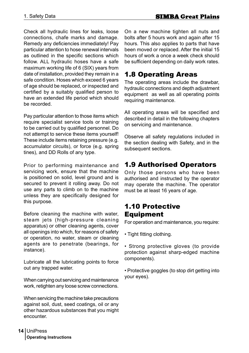 8 operating areas, 9 authorised operators, 10 protective equipment | Great Plains P17921E Operator Manual User Manual | Page 14 / 210