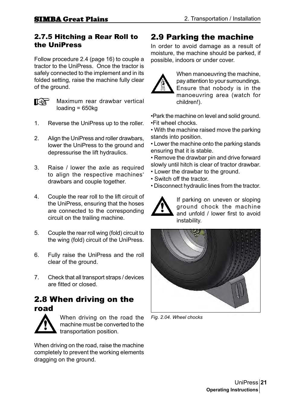8 when driving on the road, 9 parking the machine | Great Plains P17921E Operator Manual User Manual | Page 21 / 210