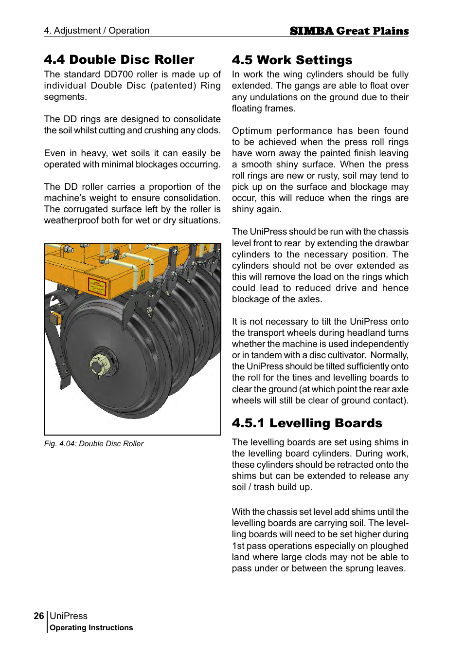 4 double disc roller, 5 work settings, 1 levelling boards | Great Plains P17921E Operator Manual User Manual | Page 26 / 210