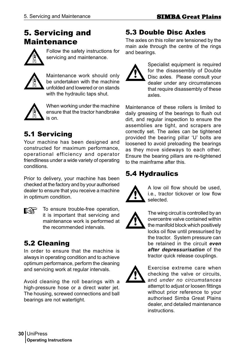 Servicing and maintenance, 4 hydraulics, 1 servicing | 2 cleaning, 3 double disc axles | Great Plains P17921E Operator Manual User Manual | Page 30 / 210