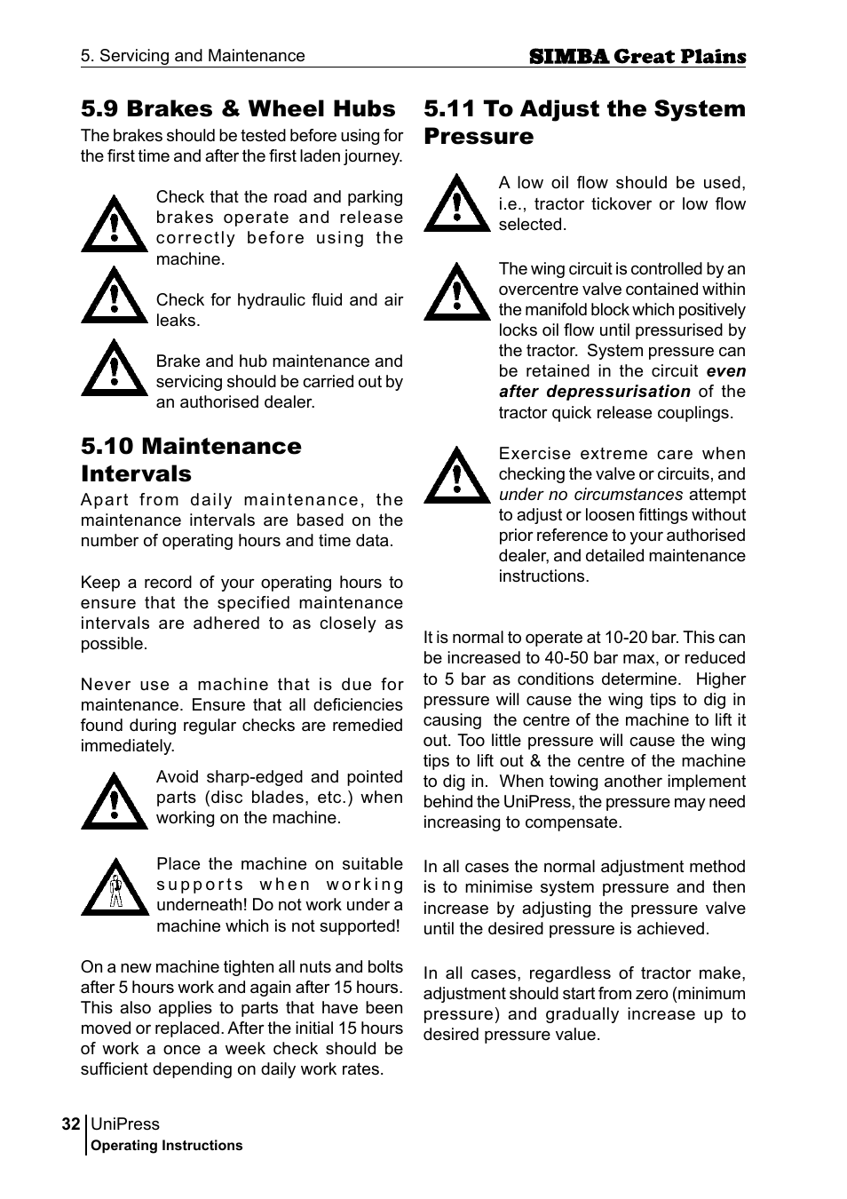10 maintenance intervals, 11 to adjust the system pressure, 9 brakes & wheel hubs | Great Plains P17921E Operator Manual User Manual | Page 32 / 210