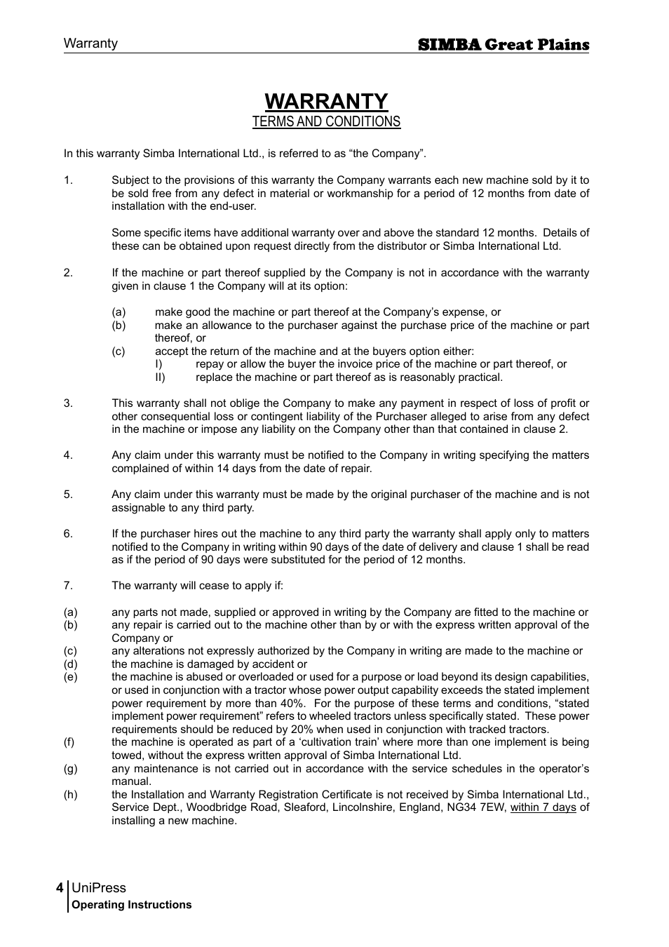 Warranty, Terms and conditions | Great Plains P17921E Operator Manual User Manual | Page 4 / 210