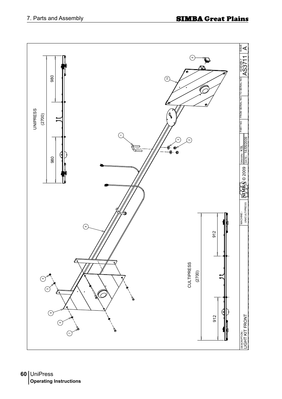 Unipress, 60 7. parts and assembly, Aas 37 11 | Operating instructions, Si m b a | Great Plains P17921E Operator Manual User Manual | Page 60 / 210