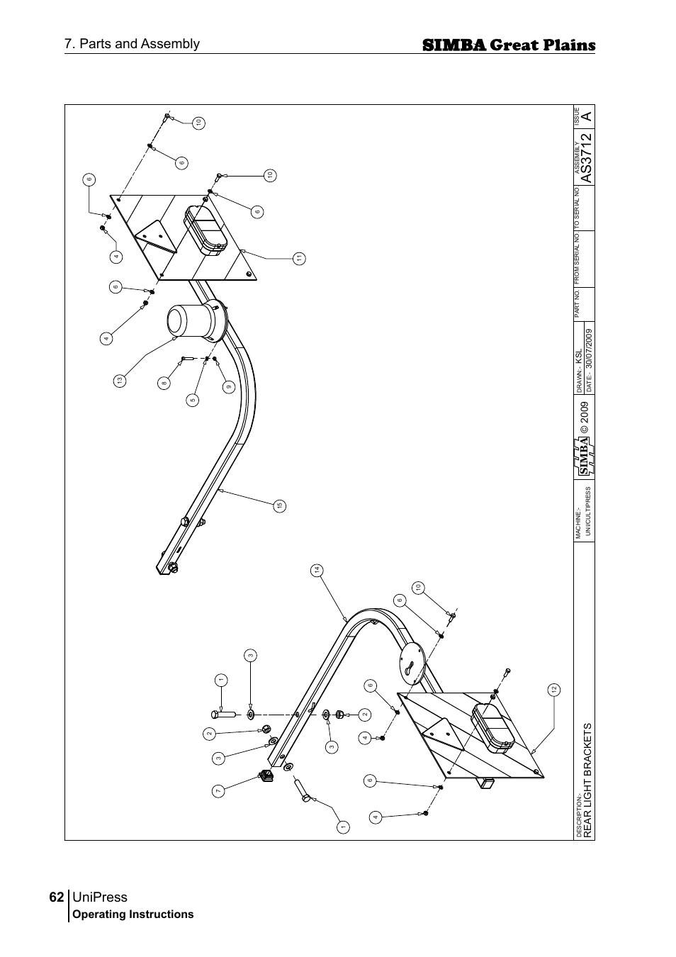 Unipress, 62 7. parts and assembly, Aas 37 12 | Operating instructions, Si m b a | Great Plains P17921E Operator Manual User Manual | Page 62 / 210
