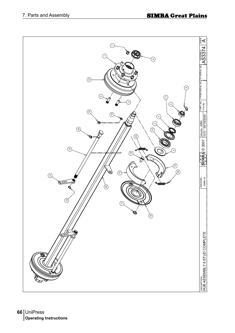 Unipress, 66 7. parts and assembly, Aas 33 74 | Operating instructions, Si m b a | Great Plains P17921E Operator Manual User Manual | Page 66 / 210