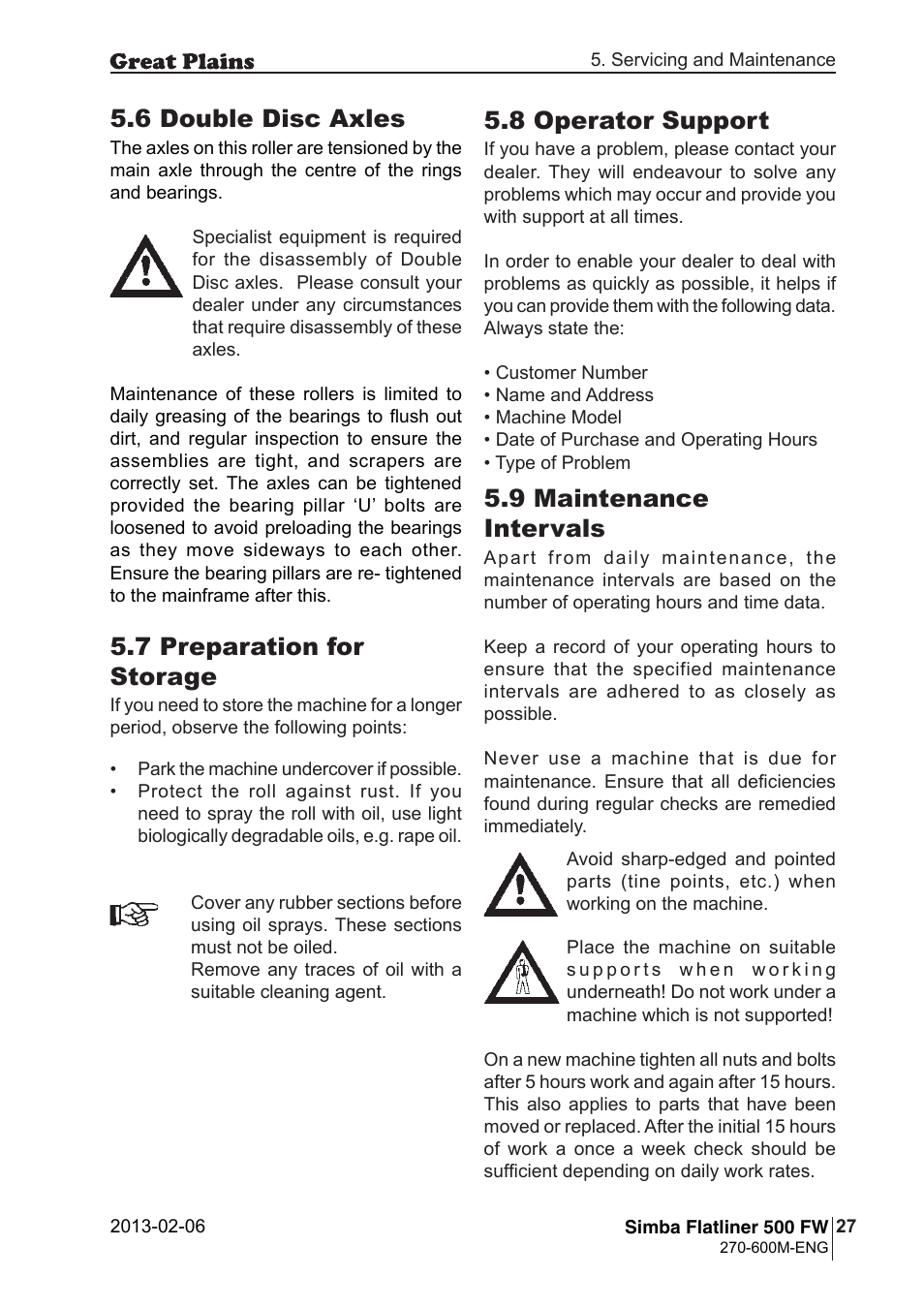 8 operator support, 9 maintenance intervals, 7 preparation for storage | 6 double disc axles | Great Plains Simba Flatliner 500 FW Operator Manual User Manual | Page 27 / 34