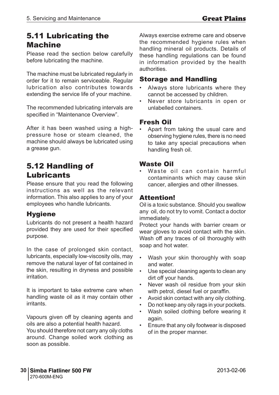 11 lubricating the machine, 12 handling of lubricants | Great Plains Simba Flatliner 500 FW Operator Manual User Manual | Page 30 / 34