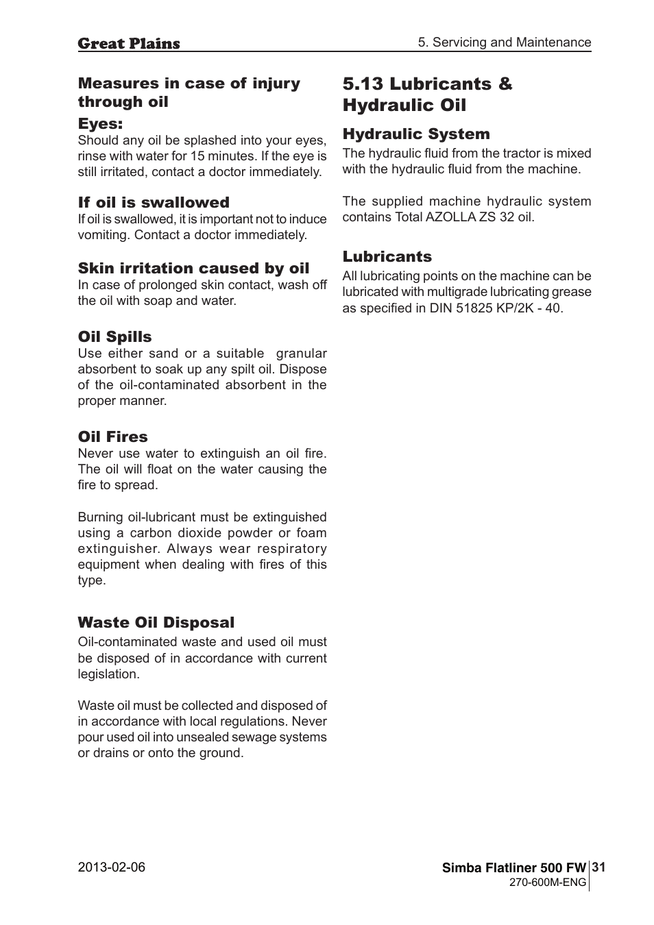 13 lubricants & hydraulic oil | Great Plains Simba Flatliner 500 FW Operator Manual User Manual | Page 31 / 34