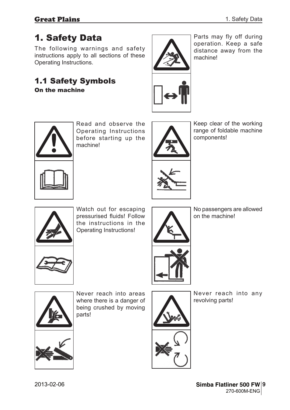 Safety data, 1 safety symbols | Great Plains Simba Flatliner 500 FW Operator Manual User Manual | Page 9 / 34