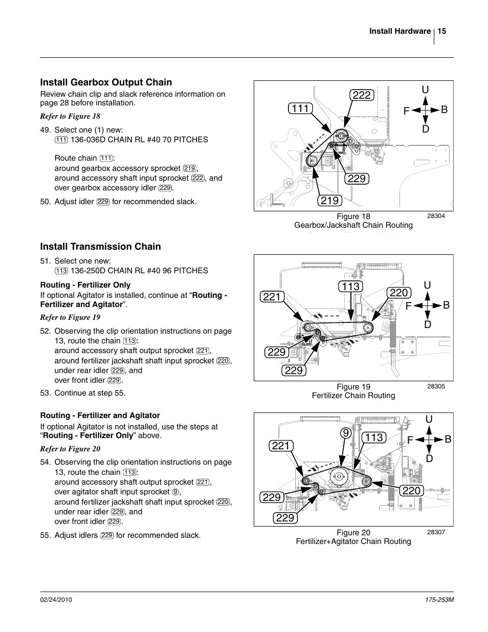 Install gearbox output chain, Install transmission chain, Routing - fertilizer only | Routing - fertilizer and agitator, Ud f b | Great Plains 800EW  Operator Manual User Manual | Page 17 / 46