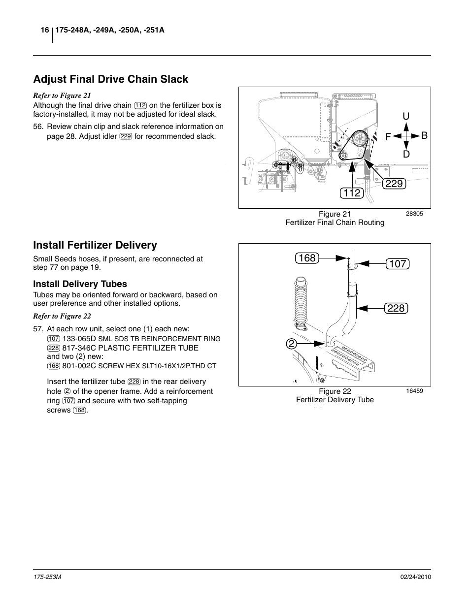 Adjust final drive chain slack, Install fertilizer delivery, Install delivery tubes | Ud f b | Great Plains 800EW  Operator Manual User Manual | Page 18 / 46