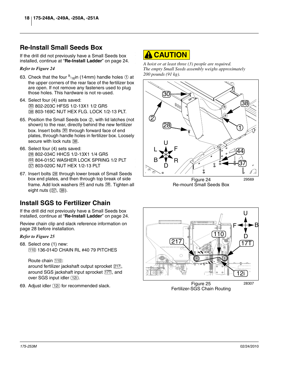 Re-install small seeds box, Install sgs to fertilizer chain, Caution | Ud f b | Great Plains 800EW  Operator Manual User Manual | Page 20 / 46