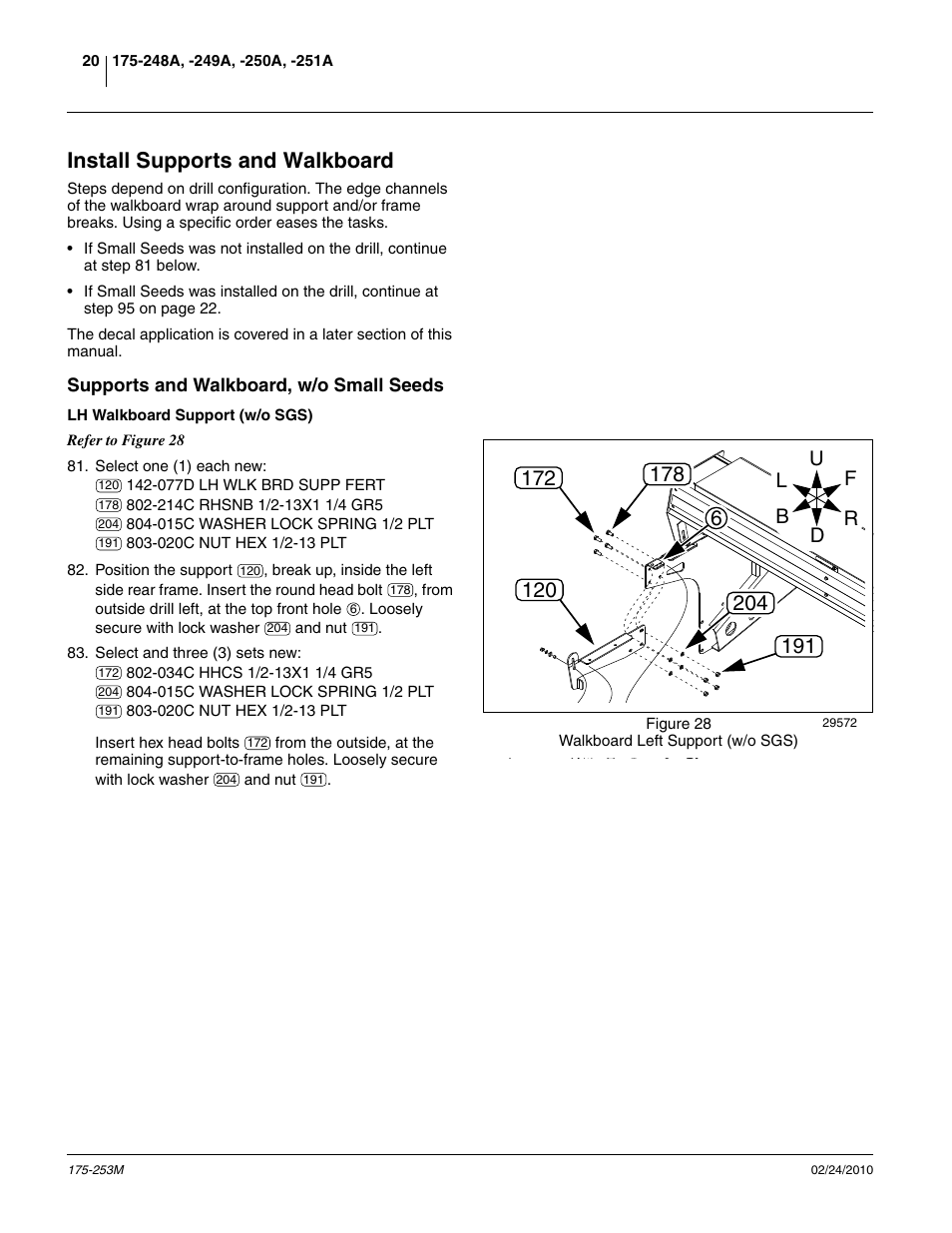 Install supports and walkboard, Supports and walkboard, w/o small seeds, Lh walkboard support (w/o sgs) | Great Plains 800EW  Operator Manual User Manual | Page 22 / 46