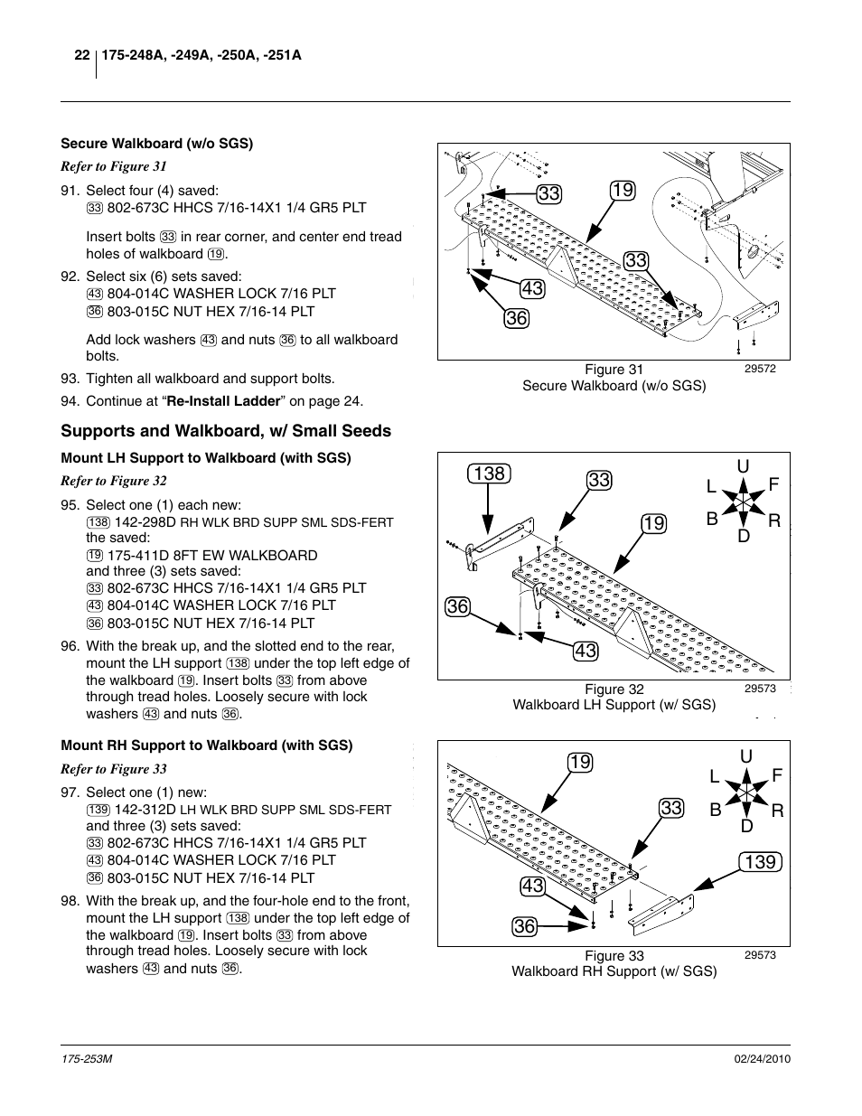 Secure walkboard (w/o sgs), Supports and walkboard, w/ small seeds, Mount lh support to walkboard (with sgs) | Mount rh support to walkboard (with sgs) | Great Plains 800EW  Operator Manual User Manual | Page 24 / 46
