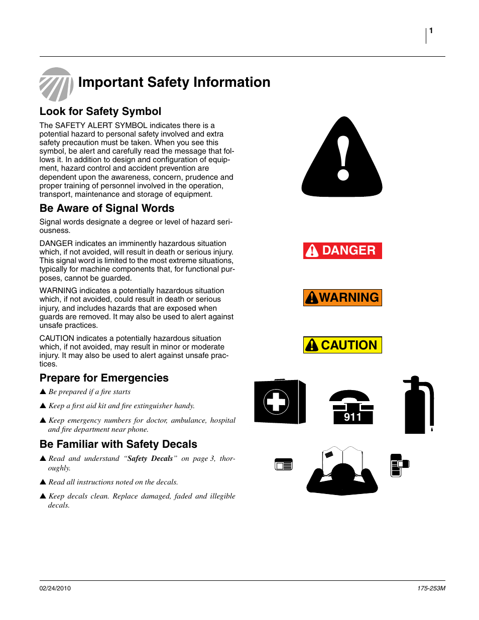 Important safety information, Look for safety symbol, Be aware of signal words | Prepare for emergencies, Be familiar with safety decals | Great Plains 800EW  Operator Manual User Manual | Page 3 / 46