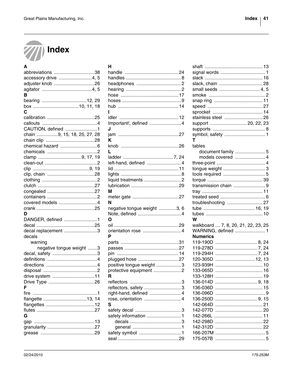 Index | Great Plains 800EW  Operator Manual User Manual | Page 43 / 46