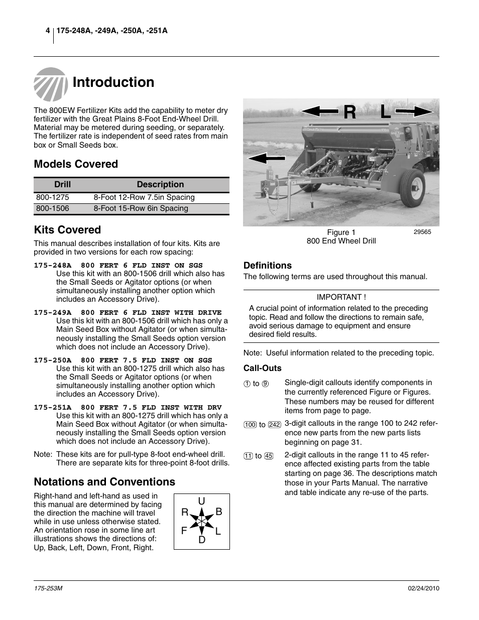 Introduction, Models covered, Kits covered | Notations and conventions, Definitions, Call-outs, Introduction models covered kits covered, Definitions call-outs, Models covered kits covered | Great Plains 800EW  Operator Manual User Manual | Page 6 / 46