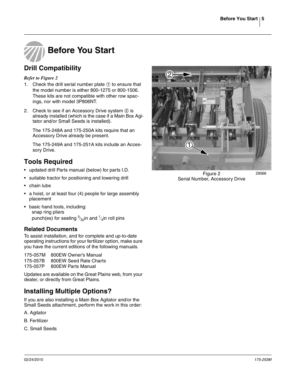 Before you start, Drill compatibility, Tools required | Related documents, Installing multiple options | Great Plains 800EW  Operator Manual User Manual | Page 7 / 46