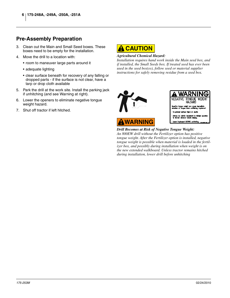 Pre-assembly preparation, Caution, Warning | Great Plains 800EW  Operator Manual User Manual | Page 8 / 46
