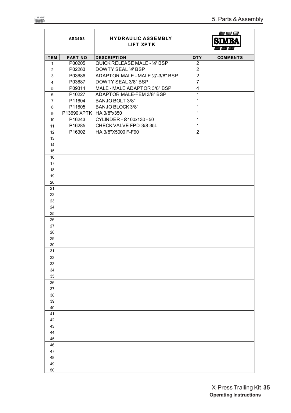 35 x-press trailing kit, Parts & assembly | Great Plains P16867 Serial No 18009156 User Manual | Page 35 / 46