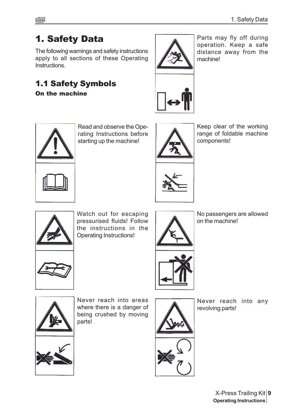 Safety data, 1 safety symbols | Great Plains P16867 Serial No 18009156 User Manual | Page 9 / 46