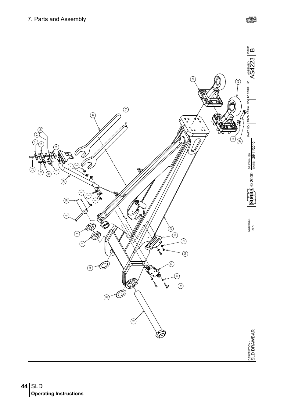 44 7. parts and assembly, Ba s4 22 3, Operating instructions | Si m b a, Sld d r aw b ar | Great Plains P18432A Operator Manual User Manual | Page 44 / 130