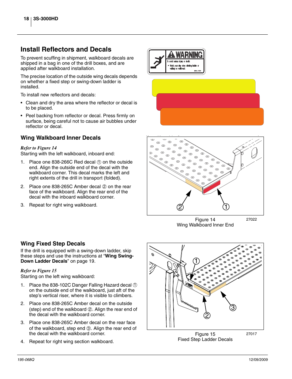 Install reflectors and decals, Wing walkboard inner decals, Wing fixed step decals | Wing walkboard inner decals wing fixed step decals | Great Plains 3S-3000HDF Predelivery Manual User Manual | Page 20 / 48