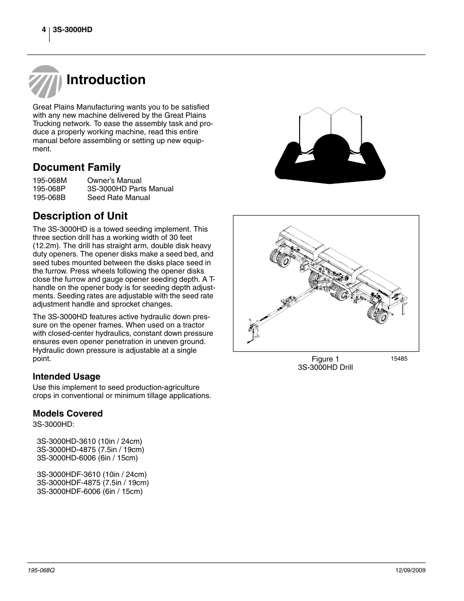 Introduction, Document family, Description of unit | Intended usage, Models covered, Introduction document family description of unit, Intended usage models covered | Great Plains 3S-3000HDF Predelivery Manual User Manual | Page 6 / 48